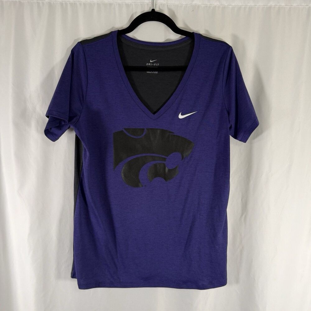 K State Nike Shirt Women's Large Purple Vneck Short Sleeve Dri Fit